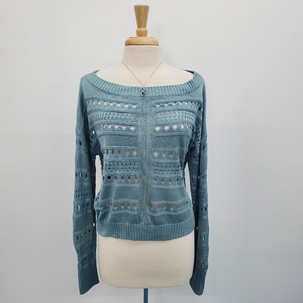Soho Jeans Womens Blue Open Knit Boat Neck Long‎ Sleeve Pullover Sweater Size XL